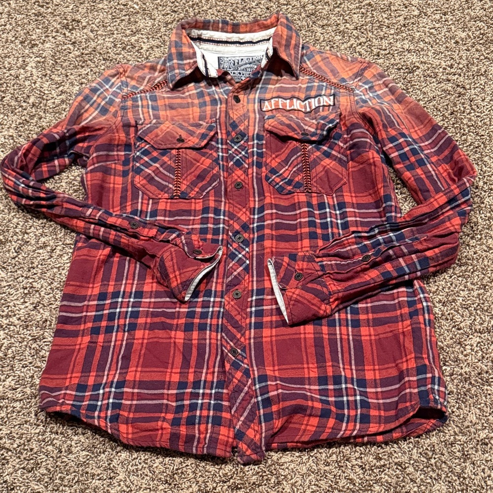 Affliction Orange and Navy Plaid Long-Sleeve Shirt Sz. S